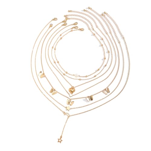[RWAJZAX] Elegante mehrschichtige Perlen-Halskette, feine Kette, verstellbare Länge, Schmetterlings-Anhänger, Choker-Halskette von RWAJZAX