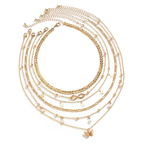 [RWAJZAX] Elegante mehrschichtige Perlen-Halskette, feine Kette, verstellbare Länge, Schmetterlings-Anhänger, Choker-Halskette von RWAJZAX