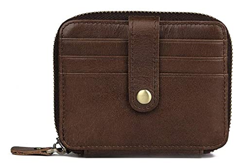 RWCCCRW Stilvolle Vordertasche mit Rundum-Reißverschluss, Kurze Geldbörse aus Rindsleder, kleine kompakte Münztasche, Geldbörse mit 15 Kartenfächern (Farbe: Kaffeefarbe, Größe: M) von RWCCCRW
