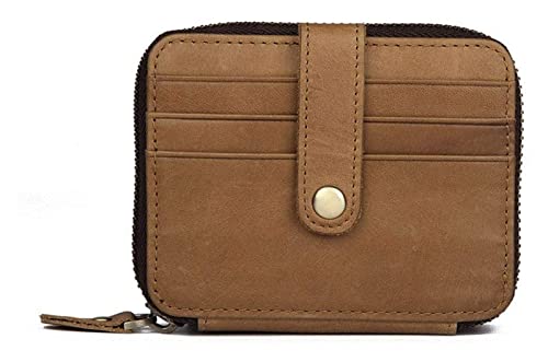 RWCCCRW Stilvolles, kurzes Portemonnaie mit Reißverschluss vorne und rundum aus Rindsleder, kleines, kompaktes Kleingeldfach, Geldbörse mit 15 Kartenfächern (Farbe: Braungelb, Größe: M) von RWCCCRW