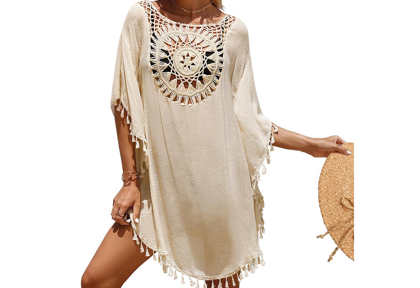 RWEUOQ Blusenkleid Strand-Tunika mit Fransen für Damen, Bikini-Überwurf Strandkleid (1-tlg) Beachkleider mit Fransen, leichter Sonnenschutz, für Strand und Urlaub von RWEUOQ