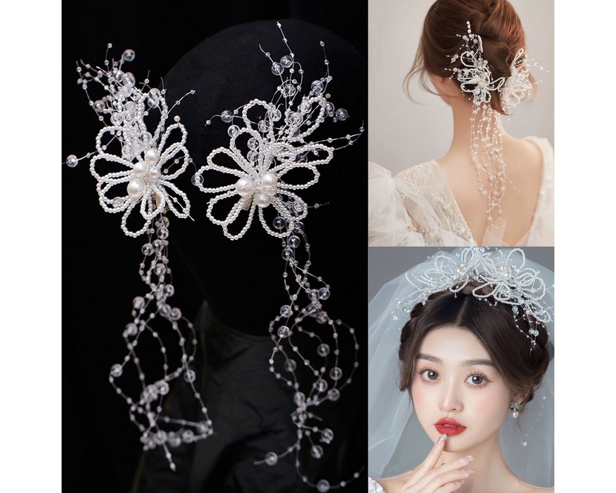 RWEUOQ Diadem 2 Stück Brautkopfschmuck,Perlenblumen-Haarspangen (Hochzeits-Accessoires, 2-tlg., Quasten-Haarspangen), Damen-Haarschmuck für Party, Dating, Feier von RWEUOQ