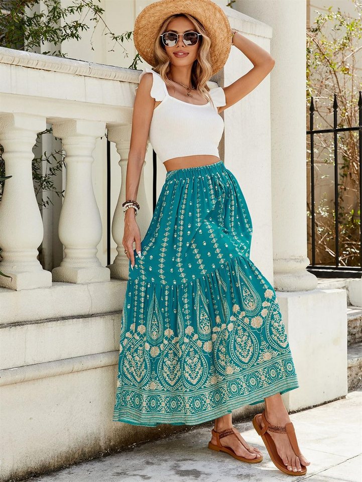 RWEUOQ Sommerrock Strandkleid Maxirock Sommerrock Hosenrock für Damen Boho-Maxirock (1 st. Bohemia-Stil, mit Alloverdruck und elastischem Bund, Bequem und atmungsaktiv, Sommerrock mit Rüschen-Design) Geeignet für den Strand, Partys, Dates und andere Anlässe. von RWEUOQ