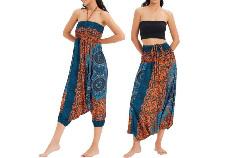 RWEUOQ Relaxhose Aladinhose Haremshose Playsuit Overall mit Schlauchtop Hose 2-in-1 (mit Alloverprint, sommerlicher Jumpsuit, Bandeau, 1-tlg., mit lockerer Passform und weitem Bein) auch als Overall tragbar Damen Pumphose bequeme Freizeithose von RWEUOQ