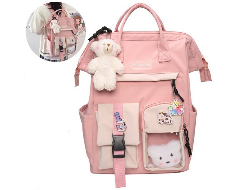 RWEUOQ Schulrucksack Schulrucksack-Set Schultasche Teenager, (Ergonomisch gepolsterte Schultergurte, rosa), Gratis 3 Abzeichen + 1 Bärenkopf + Anhänger von RWEUOQ