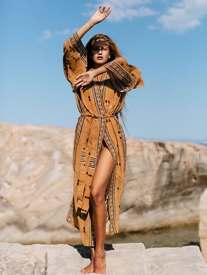 RWEUOQ Strandkleid Boho Strandkleid Sommer Cover Up Lang Atmungsaktiv für Urlaub&Freizeit (Leichter Sommerkimono für Strand Freizeit und Urlaub, Weicher Baumwollstoff mit Boho-Muster ideal als Bikini Cover-Up) Atmungsaktiv pflegeleicht figurfreundlich vielseitig tragbar von RWEUOQ