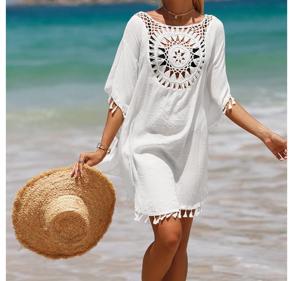 RWEUOQ Strandkleid Damen-Badeanzug Strand-Badeanzug Bikini-Vertuschung Urlaubs-Outfits (1-tlg) Luftige Strandtunika mit Häkelspitze und Fransen – Einheitsgröße von RWEUOQ