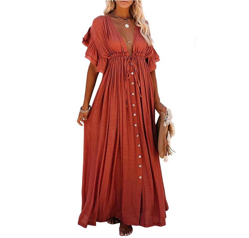 RWEUOQ Strandkleid Kimono Strandtunika Boho Maxikleid mit Schlitz und Rüschenärmeln (locker fließend und lang ideal für Urlaub und Freizeit, 1-tlg., locker fließend und lang ideal für Urlaub und Freizeit) locker fließend und lang ideal für Urlaub und Freizeit von RWEUOQ