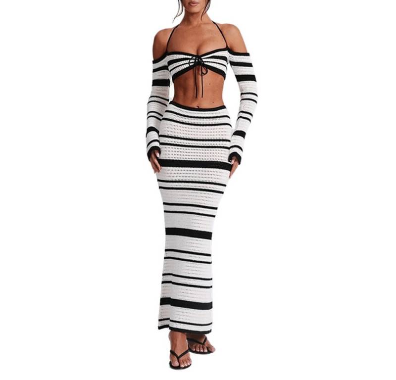 RWEUOQ Strandkleid Zweiteiliges Damen Strandkleid Häkelset bauchfreies Top & langer Rock Sommerliches Häkelset figurbetontem Maxirock Damen ideal für Strand von RWEUOQ