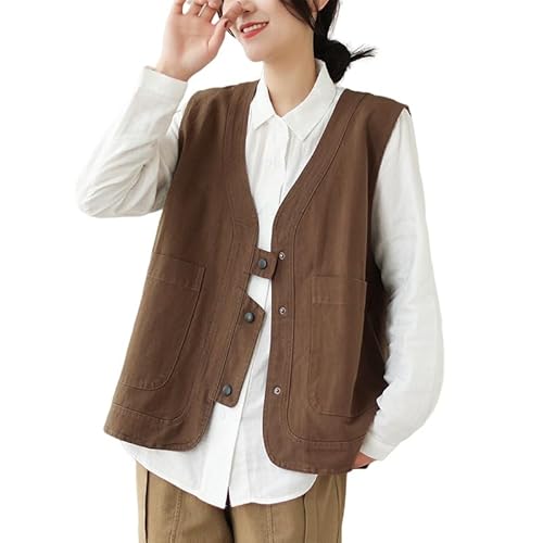 RWGSNB Ärmellose Weste Für Damen Retro Doppeltaschen Cargo Weste Leichte Sommerjacke Blazer Weste Lässig Lockerer V Ausschnitt Anzugweste Knöpfe Bluse Gilet Braun L von RWGSNB
