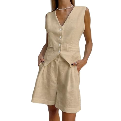 RWGSNB Anzug Weste, Damenanzüge Formelle 2 Teilige Bürokleidung für Frauen Großbritannien Weste Lässige Shorts Leinenweste für Damen Button Down Anzugwesten mit V Ausschnitt Khaki M von RWGSNB