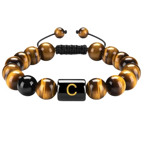 RWGSNB Armband Edelstein, 10 Mm Natürliche Tigerauge Steinarmbänder mit Az Buchstaben Anfangsperlen Edelsteinarmband Handgefertigt Geflochten Lebendiger Kristall Armreif Schmuckgeschenke für Frau von RWGSNB