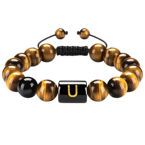 RWGSNB Armband Edelstein, 10 Mm Natürliche Tigerauge Steinarmbänder mit Az Buchstaben Anfangsperlen Edelsteinarmband Handgefertigt Geflochten Lebendiger Kristallarmreif Schmuckgeschenke für Fraue von RWGSNB
