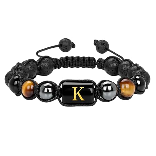 RWGSNB Armband Edelstein, 10 Mm Tigerauge Obsidian Edelsteinarmbänder mit Az Buchstaben Perlenarmbänder Handgefertigt Geflochten Personalisierte Kristallarmreifen Schmuckgeschenk für Männer und von RWGSNB