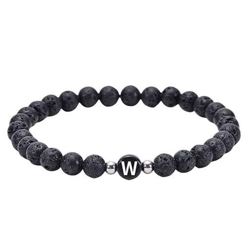 RWGSNB Armband Edelstein, 6 Mm Natürliche Schwarze Lavaperlen Steinarmbänder mit Az Buchstaben Zierliche Edelstein Anfangsarmbänder Dehnbarer Kristallarmreif Spiritueller Schmuck Geschenke für F von RWGSNB