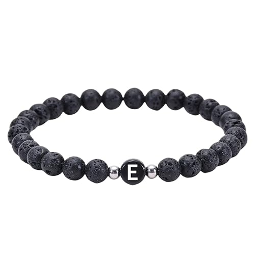 RWGSNB Armband Edelstein, 6 Mm Natürliche Schwarze Lavaperlen Steinarmbänder mit Az Buchstaben Zierliche Edelstein Anfangsarmbänder Dehnbarer Kristallarmreif Spiritueller Schmuck Geschenke für F von RWGSNB