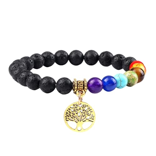 RWGSNB Armband Edelstein, 7 Chakra Armband für Damen Herren Lebensbaum Chakra Echte Steine Angst Armreifen Natürlicher Edelstein Reiki Yoga Armreifen Energiekristall Schmuck Geschenke Schwarz Lava von RWGSNB