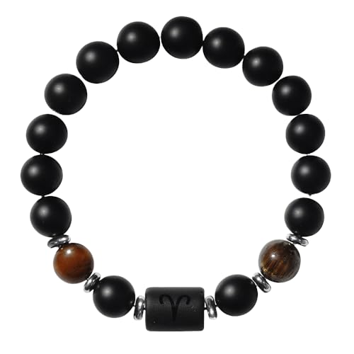 RWGSNB Armband Edelstein, 8 Mm 12 Sternzeichen Sternbild Perlen Edelsteinarmband Natürliche Matte Schwarze Onyx Steine Armbänder Schwarze Signatur Kristall Armreifen Geburtstagsgeschenk für Fraue von RWGSNB