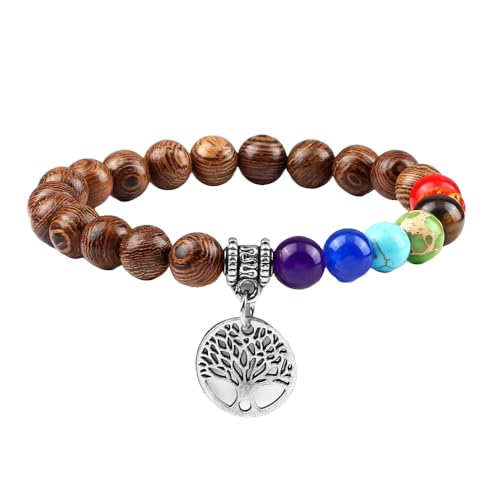 RWGSNB Armband Edelstein, Echte Steine Chakra Armband mit Lebensbaum Reiki Yoga Armreifen Natürlicher Edelstein Chakra Steine Angst Armreifen Energie Kristall Schmuck Geschenke für Frauen Männer R von RWGSNB