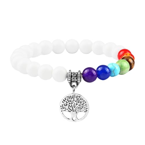 RWGSNB Armband Edelstein, Echte Steine Chakra Armband mit Lebensbaum Reiki Yoga Armreifen Natürlicher Edelstein Chakra Steine Angst Armreifen Energie Kristall Schmuck Geschenke für Frauen Männer W von RWGSNB