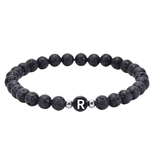 RWGSNB Armband Edelstein, Edelstein Perlen Anfangsarmband für Paare 6 Mm Natürliche Schwarze Lavastein Armbänder mit Az Buchstaben Dehnbarer Spiritueller Kristallarmreif Zierliche Schmuckgeschenk von RWGSNB