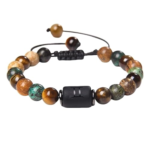 RWGSNB Armband Edelstein, Herren Damen 12 Sternbild Sternzeichen Armbänder Tigerauge Stein Armband Verstellbar Geflochtenes Armbänder Natur Edelstein Armreifen Schutz Schmuck Geschenke Zwillinge von RWGSNB
