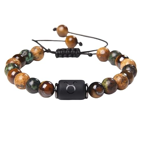 RWGSNB Armband Edelstein, Herren Damen 12 Sternbild Sternzeichen Armbänder Tigerauge Stein Armband Verstellbares Geflochtenes Armbänder Natur Edelstein Armreifen Schutz Schmuck Geschenke Stier von RWGSNB