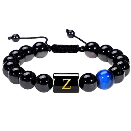 RWGSNB Armband Edelstein, Herren Damen Initialen Perlenarmbänder Natürlicher Schwarzer Onyx Tigerauge Stein Armband Az Buchstabe Handgefertigt Geflochtenes Armbänder Edelstein Armreifen Personali von RWGSNB