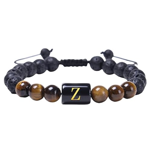 RWGSNB Armband Edelstein, Herren Damen Initialen Perlenarmbänder Natürlicher Schwarzer Onyx Tigerauge Stein Armband Az Buchstabe Handgefertigt Geflochtenes Armbänder Edelstein Armreifen Personali von RWGSNB