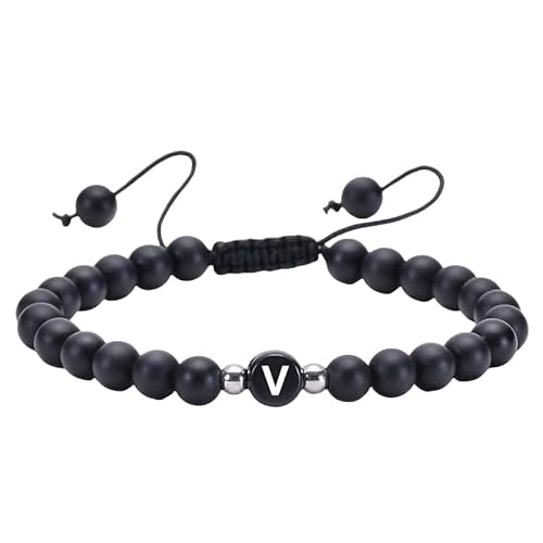 RWGSNB Armband Edelstein, Initialen Armband für Paare 6 Mm Mattschwarzes Achat Perlen Edelstein Armbänder mit Dem Buchstaben Az Verstellbare Geflochtene Seilstein Armreifen Zierlicher Kristallschm von RWGSNB