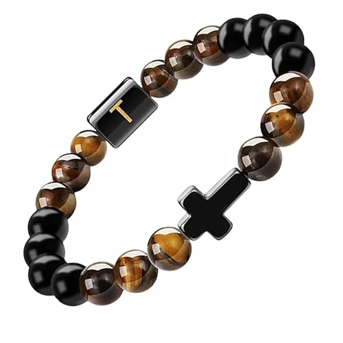 RWGSNB Armband Edelstein, Initialen Perlenarmbänder für Damen und Herren 10 Mm Mattschwarzer Achat Tigerauge Steinarmbänder Buchstaben Az Verstellbar Geflochtenes Seil Edelstein Armreifen Schmuck von RWGSNB