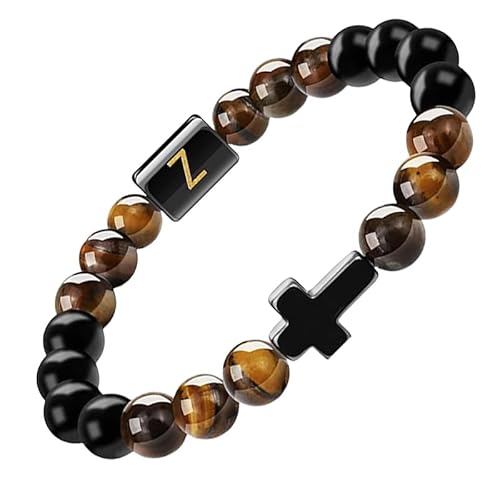 RWGSNB Armband Edelstein, Initialen Perlenarmbänder für Damen und Herren 10 Mm Mattschwarzer Achat Tigerauge Steinarmbänder Buchstaben Az Verstellbar Geflochtenes Seil Edelstein Armreifen Schmuck von RWGSNB