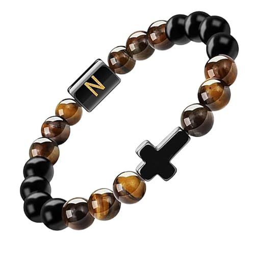 RWGSNB Armband Edelstein, Initialen Perlenarmbänder für Damen und Herren 10 Mm Mattschwarzer Achat Tigerauge Steinarmbänder Buchstaben Az Verstellbar Geflochtenes Seil Edelstein Armreifen Schmuck von RWGSNB