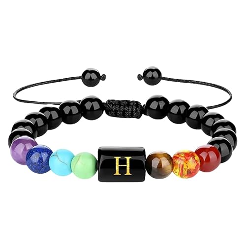 RWGSNB Armband Edelstein, Männer Frauen 7 Chakra Armband mit Az Buchstaben Schwarzer Obsidian Initialen Perlenarmbänder Verstellbares Geflochtenes Seil Stressabbau Natürliche Kristalle Armreifen von RWGSNB