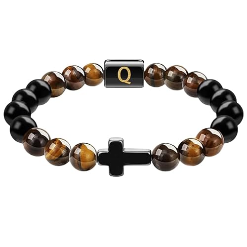 RWGSNB Armband Edelstein, Natürliche Schwarze Achat Edelsteinarmbänder mit Den Buchstaben Az Personalisierte Perlenarmbänder mit Initialen Verstellbare Geflochtene Kristallarmreifen Schmuckgesche von RWGSNB