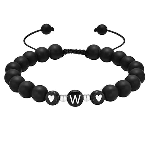 RWGSNB Armband Edelstein, Personalisiertes Initialenarmband für Paare Mattschwarzes Achatperlen Edelsteinarmband Handgefertigt Geflochtenes Seil Buchstabe Az Steine Armreifen Kristallschmuck Gesche von RWGSNB