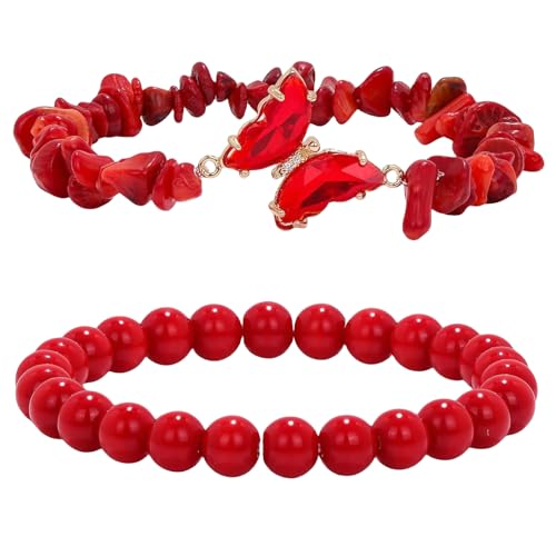 RWGSNB Armband Edelstein, Schmetterlingsarmbänder 2Er Set Freundschaftsarmreifen mit Edelsteinperlen Balance Energiestein Reiki Yoga Armreifen Spiritueller Kristallschmuck Geschenk für Frauen und M von RWGSNB