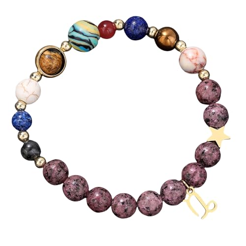 RWGSNB Armband Edelstein, Sonnensystem Galaxie Armband mit 12 Sternbild Anhänger 8 Mm Natürliche Violette Granit Edelstein Armbänder Personalisierte Schutzkristall Armreifen für Männer und Frau von RWGSNB