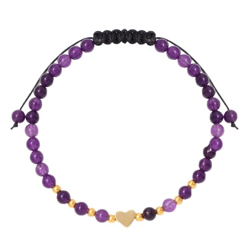 RWGSNB Bergkristall Armband Damen 4 Mm Natürliches Amethyst Armband für Damen und Mädchen Zierliche Goldene Herz Armreifen Perlen Edelstein Armreifen Reiki Yoga Heilkristall Schmuck Spirituelle G von RWGSNB