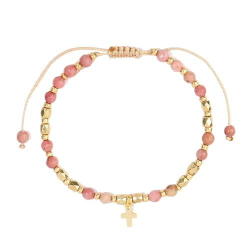 RWGSNB Bergkristall Armband Damen 4 Mm Spinell Rhodonit Armband mit Kreuzanhänger Facettierte Armreifen Aus Naturstein Verstellbar Geflochtenes Seil Perlen Edelstein Armreifen Reiki Kristallschmuck von RWGSNB