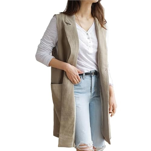 RWGSNB Damen Leinenweste Ärmellos Langer Mantel Anzugweste Sommer Leichte Jacke Blazer Weste Lässiger Duster Strickjacke Gilet Tanktops Mit Zwei Taschen Khaki S RWGSNB Damen Leinenweste Ärmellos Langer Mantel Anzugweste Sommer Leichte Jacke Blazer Weste Lässiger Duster Strickjacke Gilet Tanktops Mit Zwei Taschen Khaki S von RWGSNB