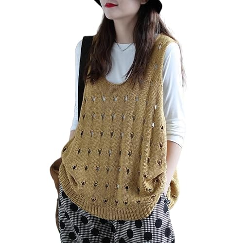 RWGSNB Damen Strickpullover Weste Boho Häkel Mesh Tanktops Strand Bikini Badeanzug Cover Up Sexy Zerrissene Strandmode Coverups Sommer Ärmellose Blusen Tops Gelb Xs von RWGSNB