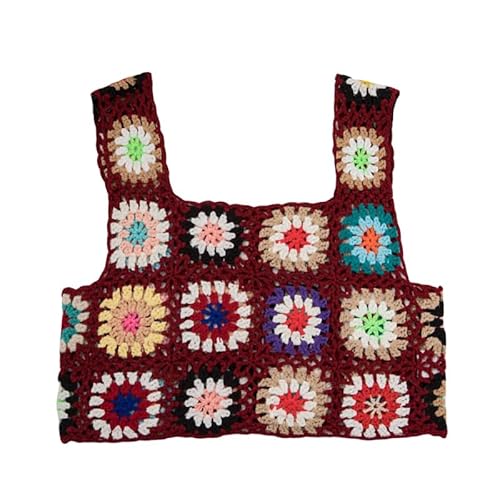 RWGSNB Damen Weste, Damen Häkelpullover Weste Crop Boho Bunte Blumen Hohlstrick Neckholder Tank Tops Nationaler Stil Ärmellos Badeanzug Lässig Sommer Strand Cover Up Burgunderrot M von RWGSNB