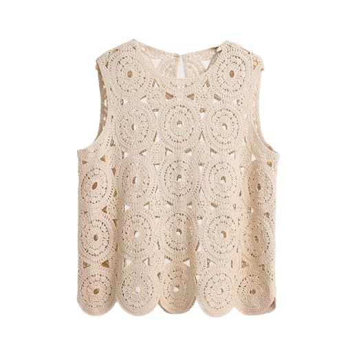 RWGSNB Damen Weste, Gehäkeltes Weste Top für Damen Boho Ausgehöhlt Ärmellos Rundhalsausschnitt Sommer Tank Pullover Leicht Dünn Lässig Strand Überzug für Den Alltag Urlaub Party Beige S von RWGSNB