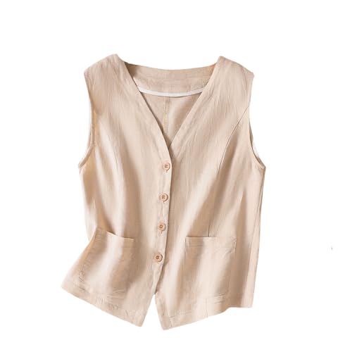 RWGSNB Damen Weste Aus Baumwolle Und Leinen Sommer Ärmellos V Ausschnitt Anzugweste Einfache Einlagige Kurz Geschnittene Weste Doppeltaschen Lässige Strickjacke Mit Knöpfen Bluse Gilet Beige S von RWGSNB