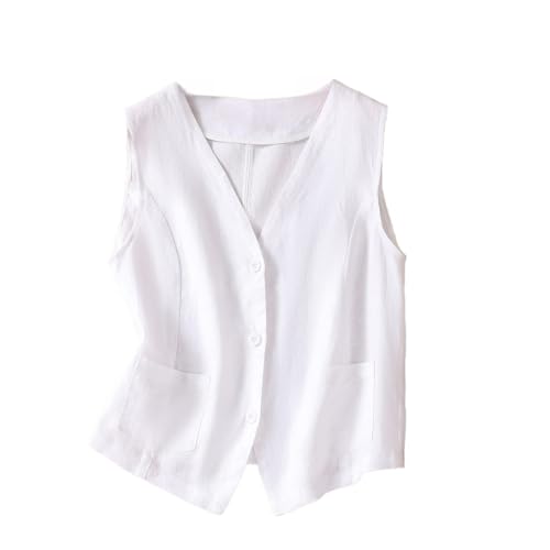 RWGSNB Damen Weste Aus Baumwolle Und Leinen Sommer Ärmellos V Ausschnitt Anzugweste Einfache Einlagige Kurz Geschnittene Weste Doppeltaschen Lässige Strickjacke Mit Knöpfen Bluse Gilet Weiß S von RWGSNB