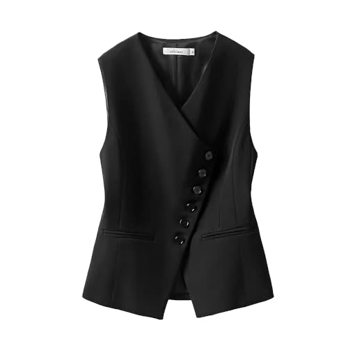 RWGSNB Damenwesten, Anzugweste Damen Button Up Asymmetrische Weste für Die Arbeit Im Büro Lässig Ärmellos Anzüge Blazer Elegante Schwarze Weste Damen Strickjacke für Den Alltag S von RWGSNB