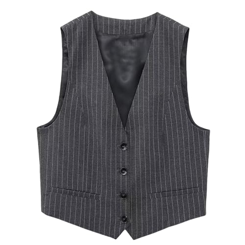 RWGSNB Damenwesten Elegant, Damen Anzugweste mit V Ausschnitt Streifen Ärmellos Anzugsblazer Einreihig Strickjacke Lässig Fürs Büro Elegante Weste mit Taschen für Den Alltag Braun L von RWGSNB