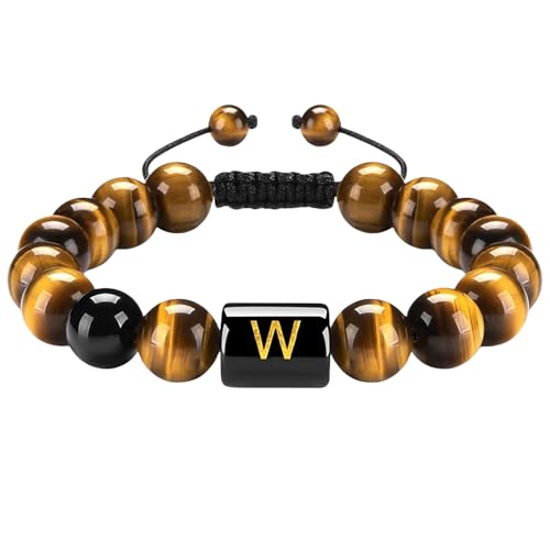 RWGSNB Edelstein Armband, 10 Mm Natürliche Tigerauge Steinarmbänder mit Az Buchstaben Anfangsperlen Edelsteinarmband Handgefertigt Geflochten Lebendiger Kristallarmreif Schmuckgeschenke für Fraue von RWGSNB