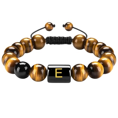 RWGSNB Edelstein Armband, 10 Mm Natürliche Tigerauge Steinarmbänder mit Az Buchstaben Anfangsperlen Edelsteinarmband Handgefertigt Geflochten Lebendiger Kristallarmreif Schmuckgeschenke für Fraue von RWGSNB